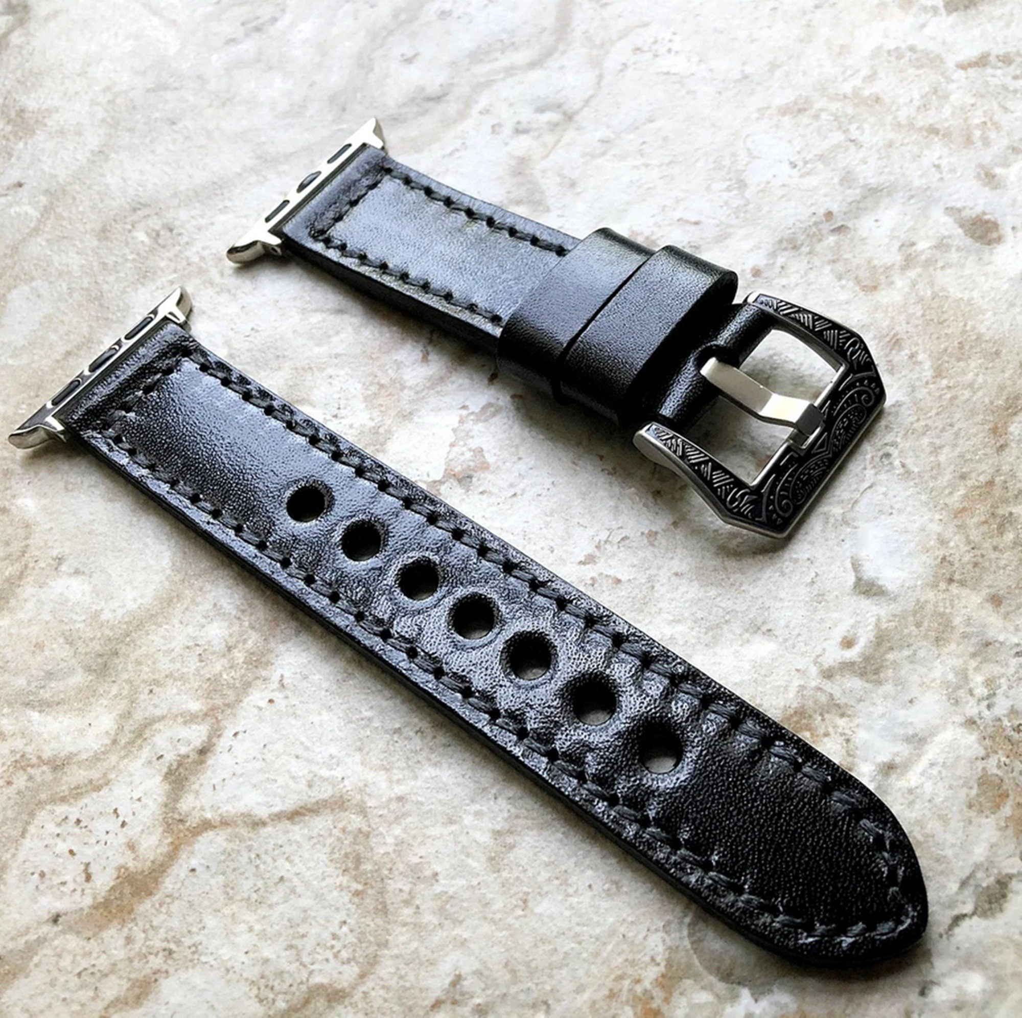 Limited Black Band 22mm 24mm 25mm Compatible with Apple Watch Fitbit Versa 2 3 4 Sense 2 Ionic Handmade Genuine Real Leather Strap